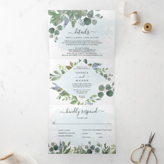 Dusty Blue Eucalyptus Wedding Tri-Fold Einladungen (Innenseite)