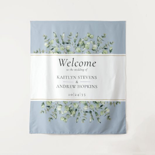 Dusty Blue Eucalyptus Wedding Willkommen Wandteppich (Vorderseite)