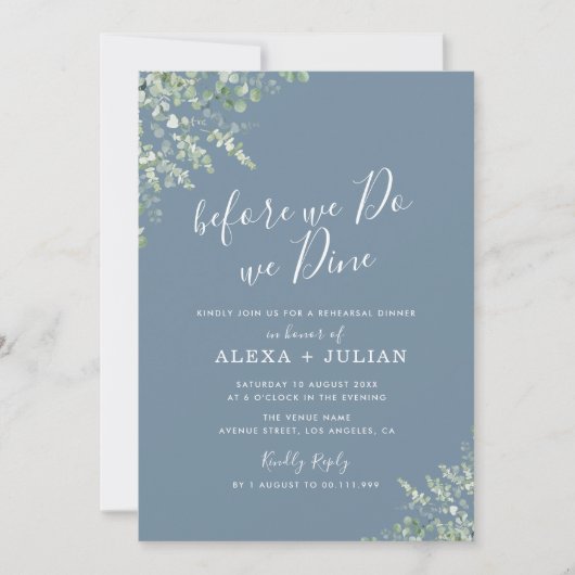 Dusty Blue Eukalyptus Green Probe Dinner Einladung (Vorderseite)