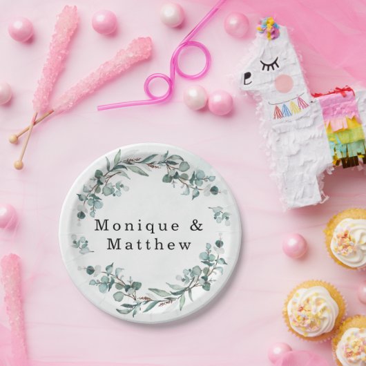 Dusty Blue Eukalyptus Greenery Rustikale Hochzeit Pappteller (Party)