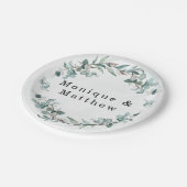 Dusty Blue Eukalyptus Greenery Rustikale Hochzeit Pappteller (Schrägansicht)