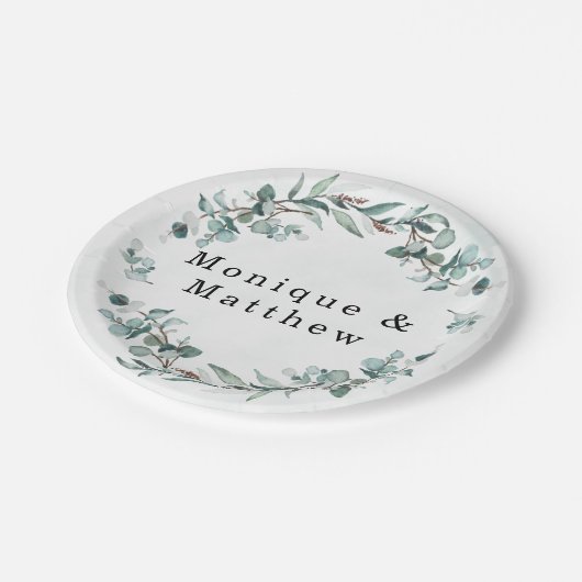 Dusty Blue Eukalyptus Greenery Rustikale Hochzeit Pappteller (Schrägansicht)