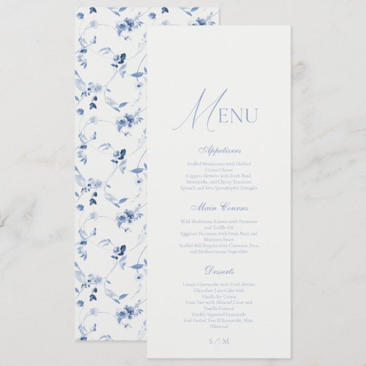 Dusty Blue Fine Art Floral Wedding Menu  Einladung (Vorne/Hinten)