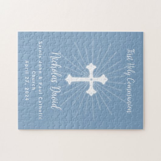 Dusty Blue First Communation mit Cross Puzzle (Horizontal)