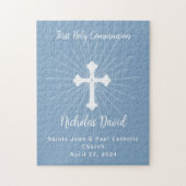 Dusty Blue First Communation mit Cross Puzzle (Vertikal)