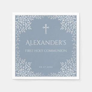 Dusty Blue First Holy Communion Elegant Boy Blätte Serviette
