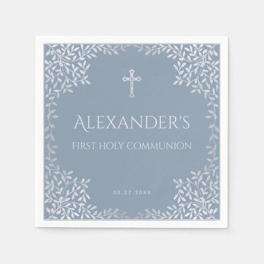 Dusty Blue First Holy Communion Elegant Boy Blätte Serviette (Vorderseite)