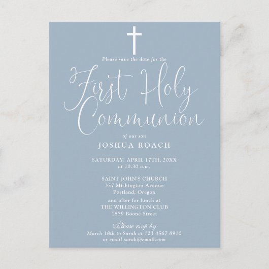 Dusty Blue First Holy Communion Save the Date Postkarte (Vorderseite)