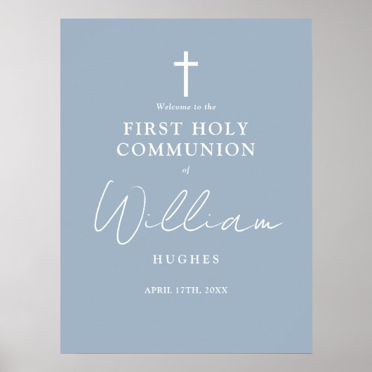 Dusty Blue First Holy Communion Willkommenszeichen Poster (Vorne)