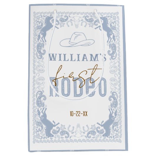 Dusty Blue First Rodeo Birthday Favor Bag - Wester Mittlere Geschenktüte (Vorderseite)