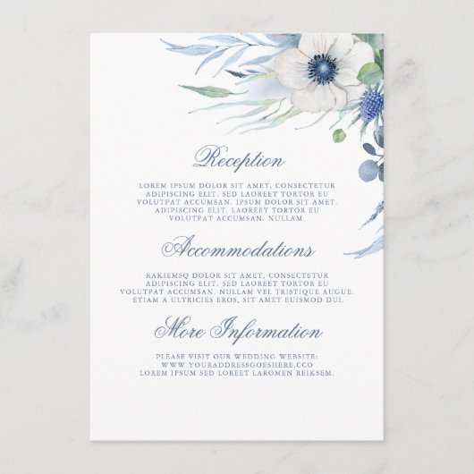 Dusty Blue Flora Wedding Details Guest Information Begleitkarte (Vorderseite)
