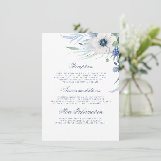 Dusty Blue Flora Wedding Details Guest Information Begleitkarte (Stehend Vorderseite)