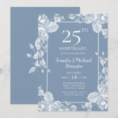 Dusty Blue Floral 25 Jahre Einladung (Vorne/Hinten)