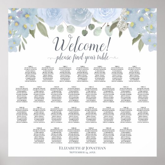 Dusty Blue Floral 29 Table Wedding Seating Chart Poster (Vorne)