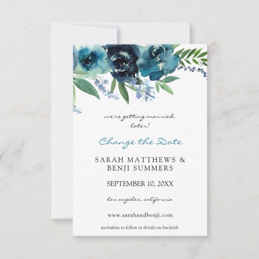 Dusty Blue Floral 2 Ändern Sie das Datum Save The Date (Vorderseite)