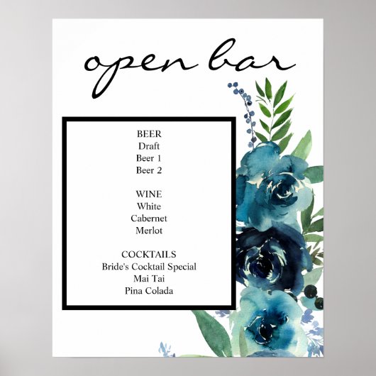 Dusty Blue Floral 2 Bar Sign Poster (Vorne)