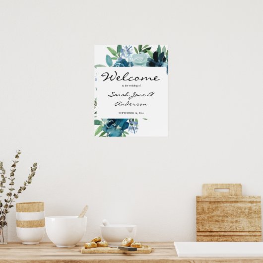 Dusty Blue Floral 2 Begrüßung Version 2 Poster (Küche)