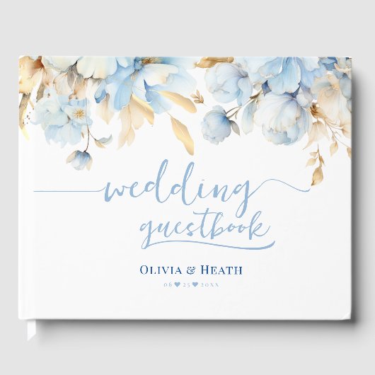 Dusty Blue Floral 2 Gold Wedding Gästebuch (Vorderseite)