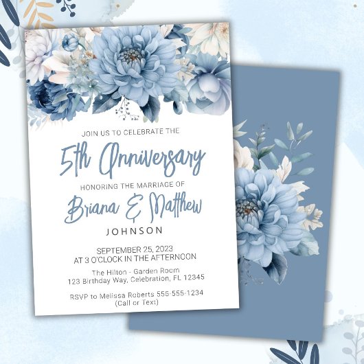 Dusty Blue Floral 5. Hochzeitstag Einladung