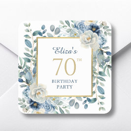 Dusty Blue Floral 70. Geburtstag Gefallen Quadratischer Aufkleber