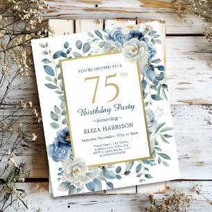 Dusty Blue Floral 75. Geburtstag Einladung