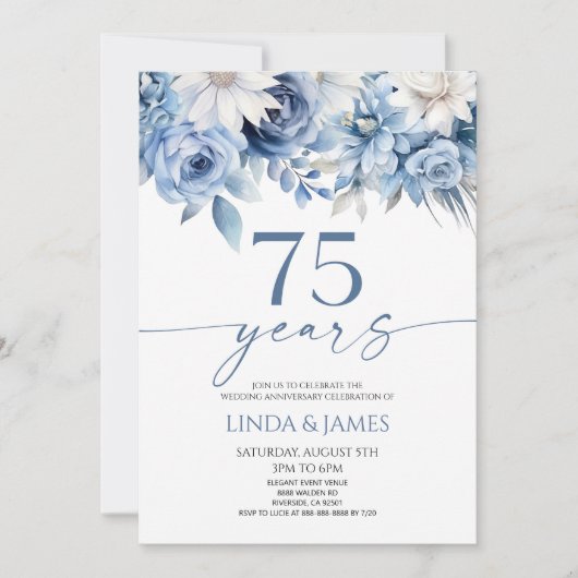 Dusty Blue Floral 75th Wedding Anniversary Einladung (Vorderseite)