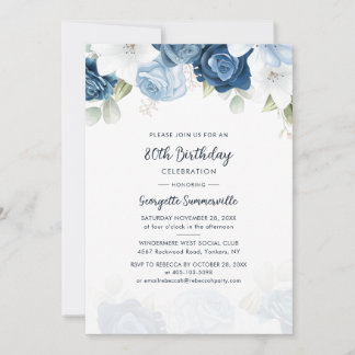 Dusty Blue Floral 80. Geburtstagsparty Einladung