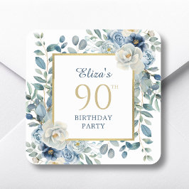 Dusty Blue Floral 90. Geburtstag Gefallen Quadratischer Aufkleber