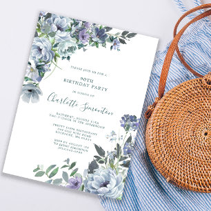 Dusty Blue Floral 90. Geburtstagsparty Einladung
