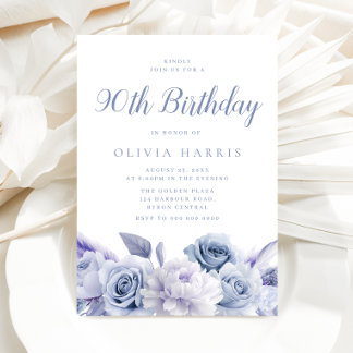 Dusty Blue Floral 90. Geburtstagsparty Einladung
