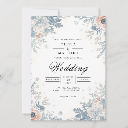 Dusty Blue Floral Accent Wedding Einladung (Vorderseite)