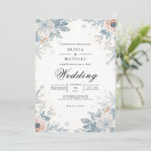 Dusty Blue Floral Accent Wedding Einladung (Stehend Vorderseite)