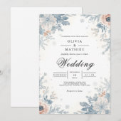 Dusty Blue Floral Accent Wedding Einladung (Vorne/Hinten)