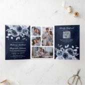 Dusty Blue Floral All in One QR Code Navy Hochzeit Dreifach Gefaltete Einladung (Innenseite)
