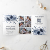 Dusty Blue Floral All in One QR Code Wedding Dreifach Gefaltete Einladung (Innenseite)