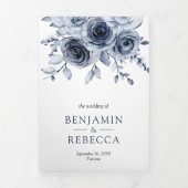 Dusty Blue Floral All in One QR Code Wedding Dreifach Gefaltete Einladung (Cover)