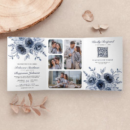 Dusty Blue Floral All in One QR Code Wedding Dreifach Gefaltete Einladung