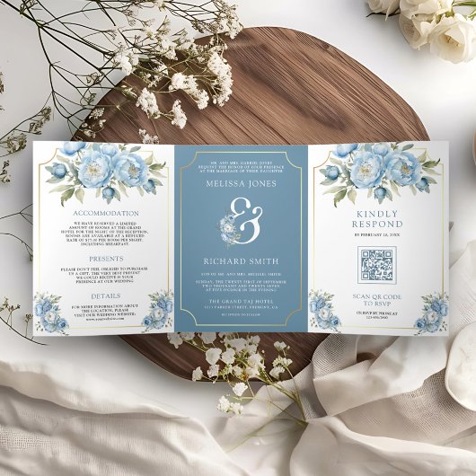 Dusty Blue Floral Ampersand auf einer Hochzeit Dreifach Gefaltete Einladung