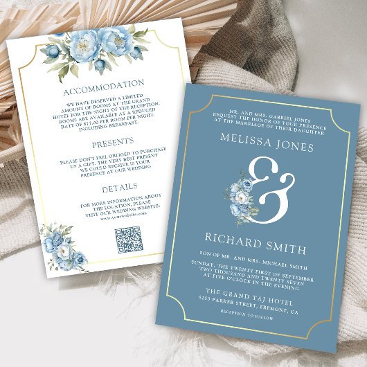 Dusty Blue Floral Ampersand auf einer Hochzeit Einladung