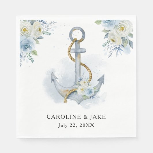 Dusty Blue Floral Anchor Nautical Wedding Serviette (Vorderseite)