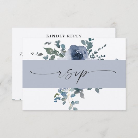 Dusty Blue Floral and Black Wedding RSVP Einladung (Vorne/Hinten)
