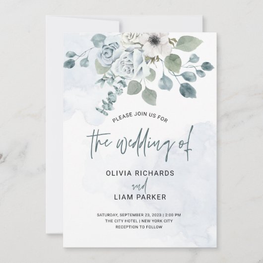 Dusty Blue Floral and Eucalyptus Wedding Einladung (Vorderseite)