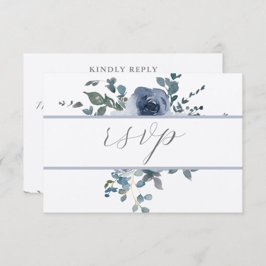 Dusty Blue Floral and Gray Wedding RSVP Einladung (Vorne/Hinten)