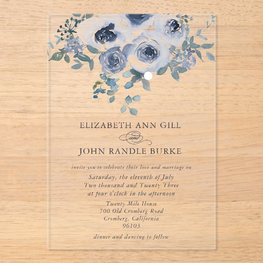 Dusty Blue Floral and Grey Acrylic Invitation Acryleinladungen (Vorderseite)
