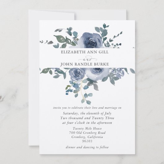 Dusty Blue Floral and Grey Wedding Invitation Einladung (Vorderseite)
