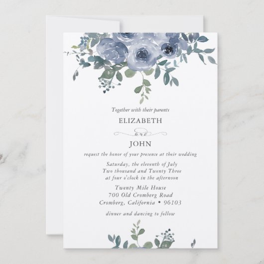 Dusty Blue Floral and Grey Wedding Invitation Einladung (Vorderseite)