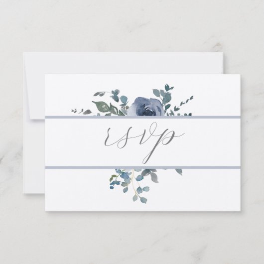 Dusty Blue Floral and Grey Wedding RSVP Einladung (Vorderseite)