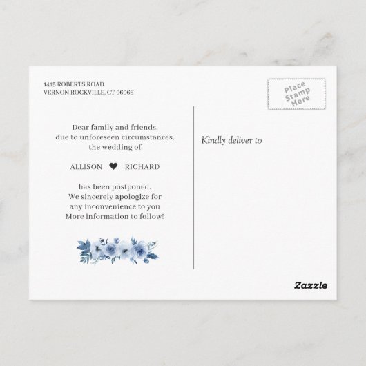 Dusty Blue Floral Ändern das Datum verschoben Postkarte (Rückseite)