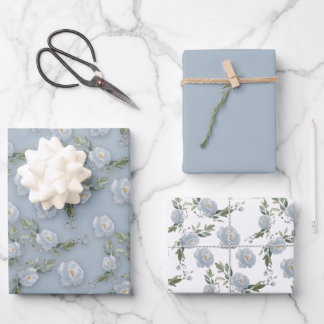 Dusty Blue Floral Aqucolor Geschenkpapier Set