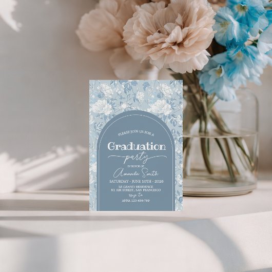 Dusty Blue Floral Arch Graduation Invite Einladung